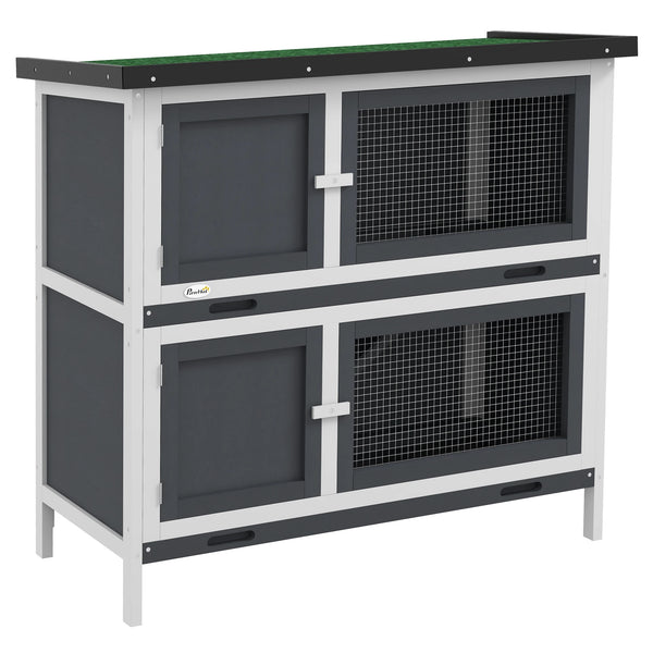 Two-Tier Wooden Rabbit Hutch with Ramp, Slide-Out Trays and Openable Roof, Grey