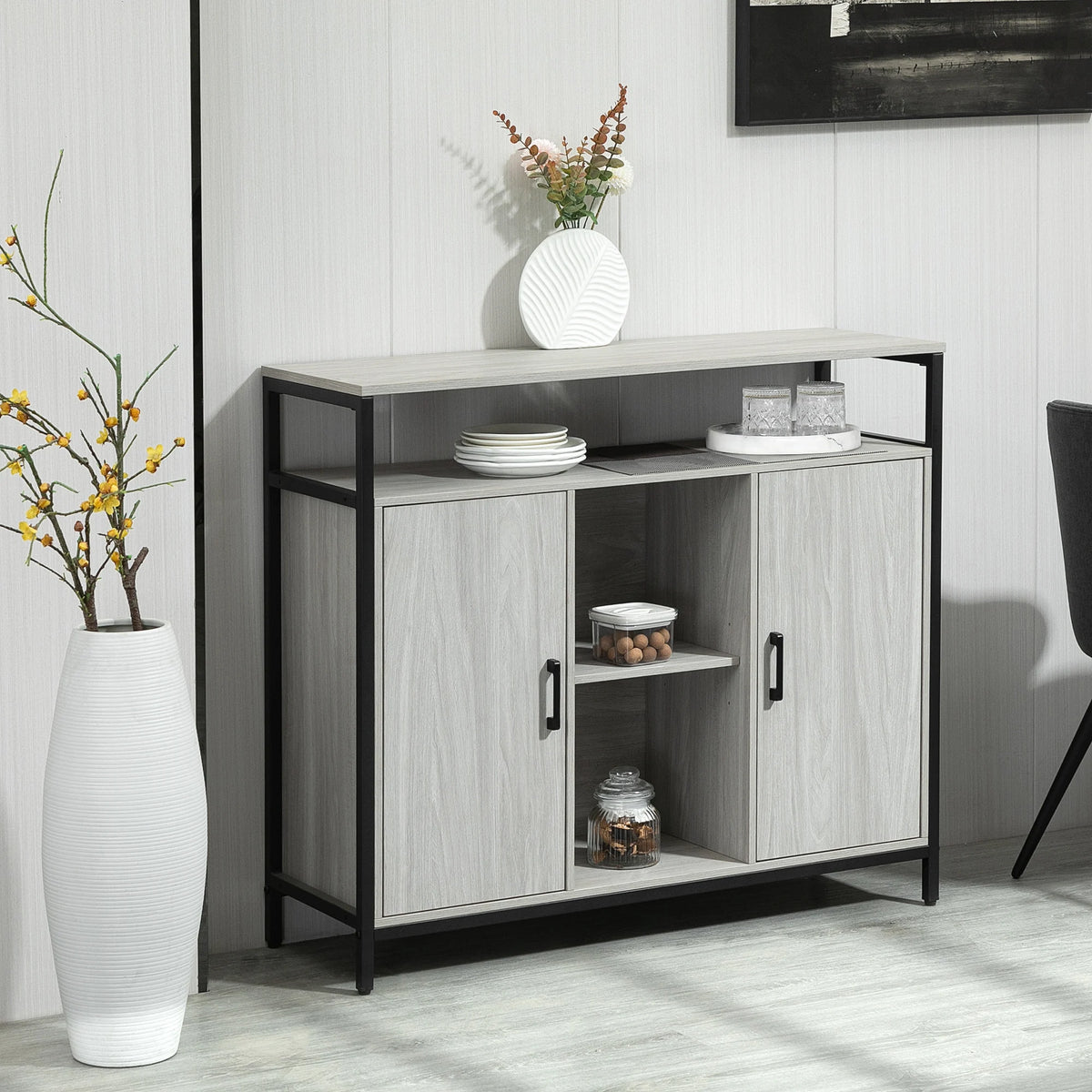 Modern Sideboard Storage Cabinet with Adjustable Shelves Light Grey