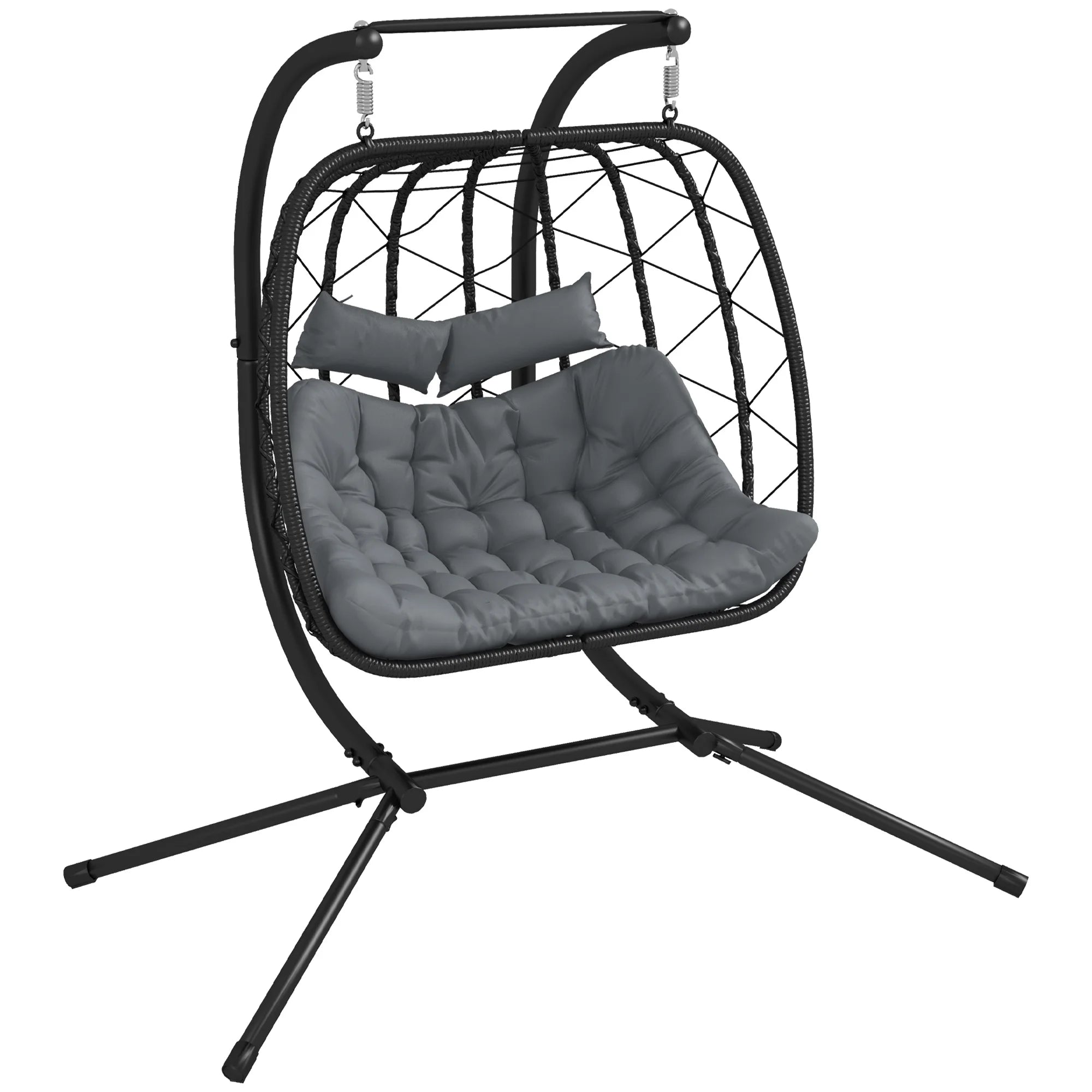 2-Seater PE Rattan Hanging Egg Chair with Thick Cushion, Four-Leg Steel Frame for Indoor and Outdoor Use