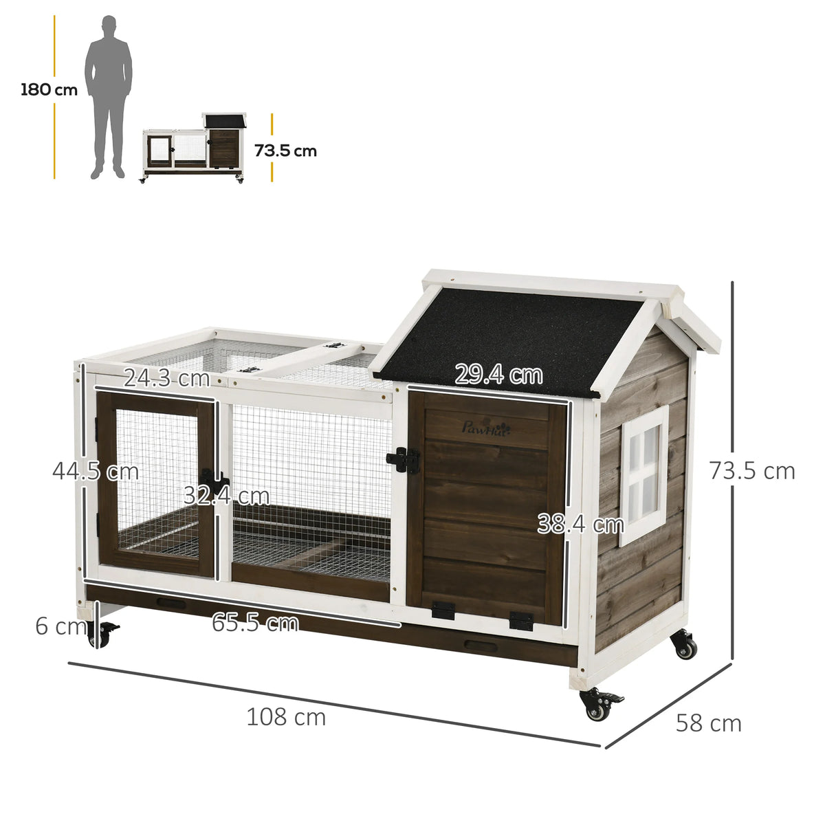Wooden Rabbit Hutch on Wheels 108x58x73.5cm with Run Openable Roof and Removable Tray Fir Wood