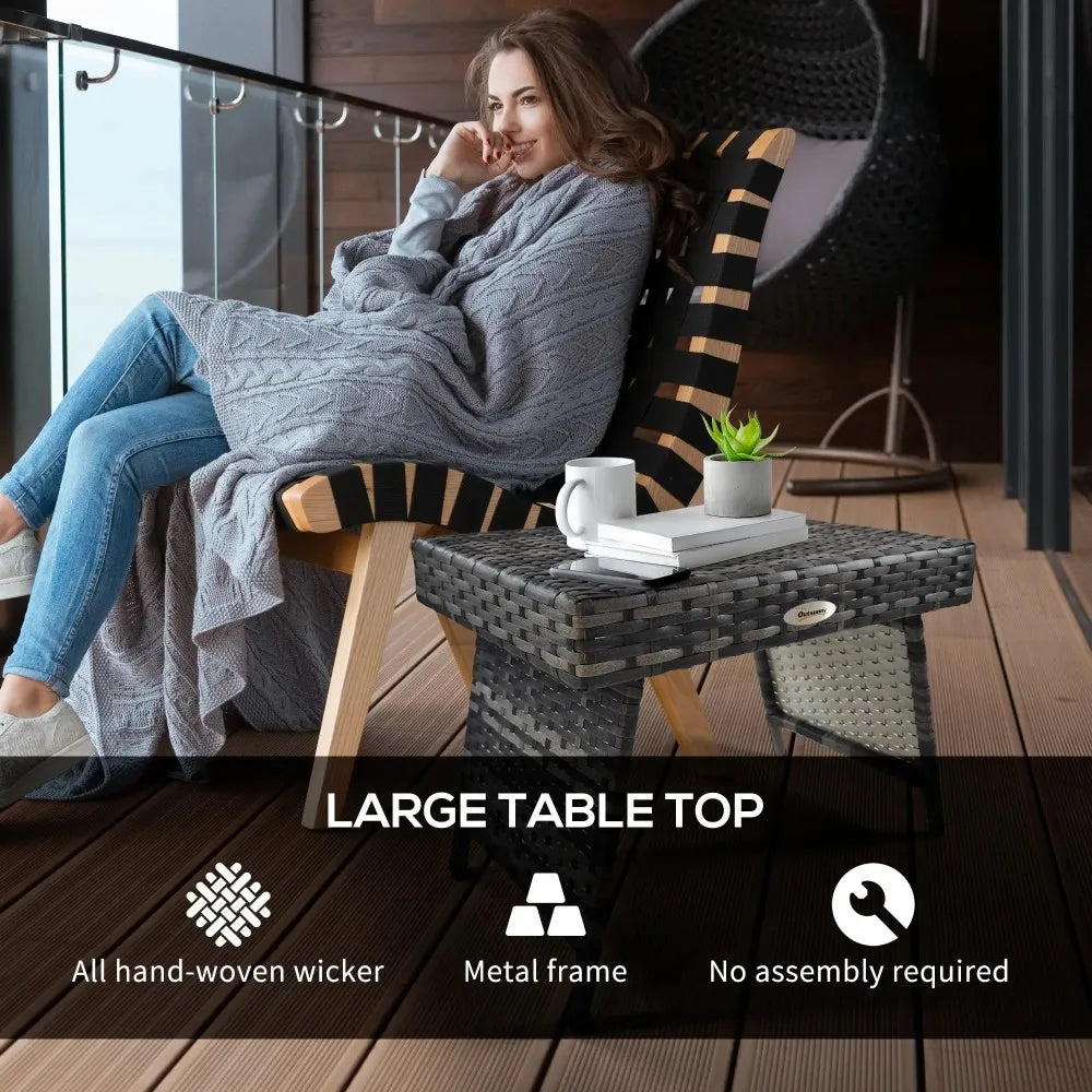 Foldable Rattan Garden Side Table 60x41x41cm Steel Frame 30kg Capacity Space Saving for Patio Balcony Mixed Grey