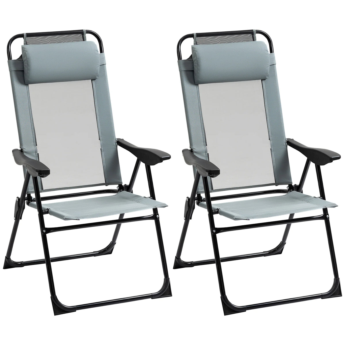 Set of 2 Portable Folding Recliner Metal Outdoor Patio Chaise Lounge Chairs with Adjustable Backrest, Black