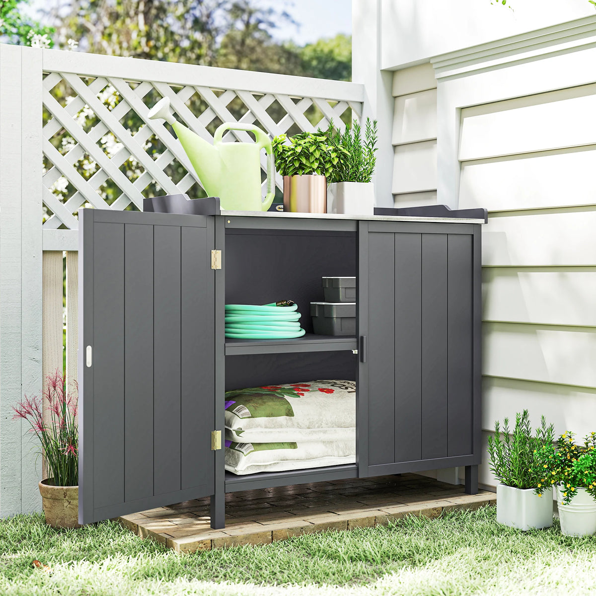 Wooden Potting Bench with Storage Cabinet and Galvanised Top, Grey