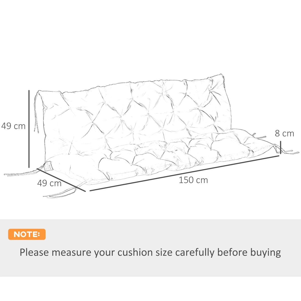 3 Seater Garden Bench Cushion with Ties, 150cm