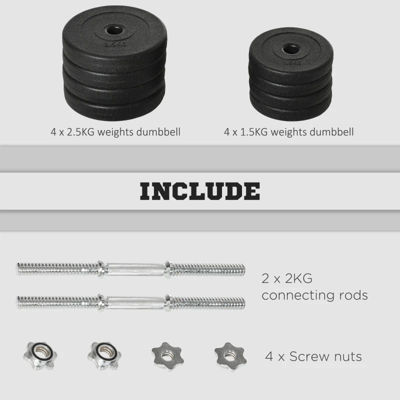 20KG Adjustable Dumbbells Set Black Steel Weight Set for Home Office Gym Body Fitness Lifting Training