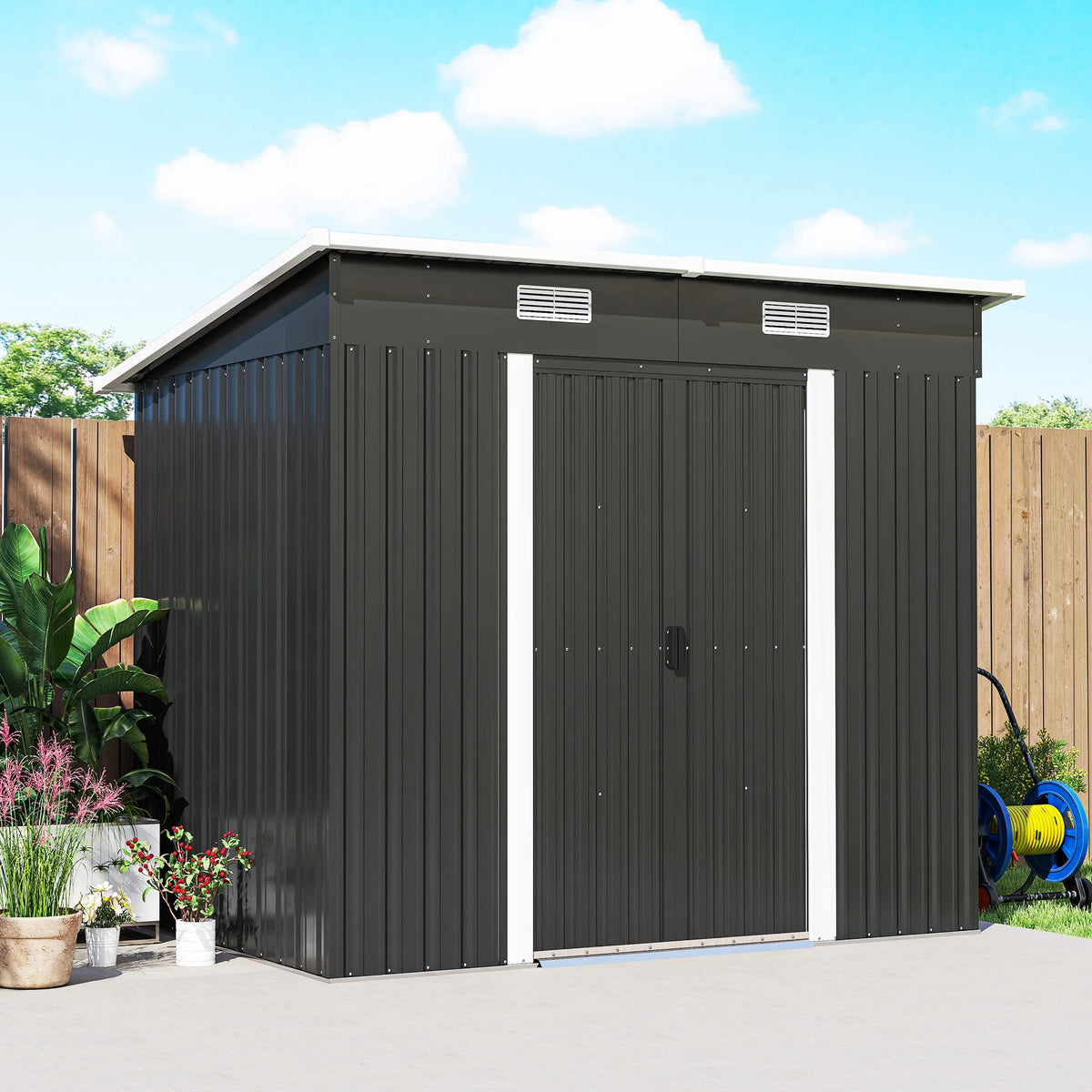Lean-to Metal Garden Storage Shed with Sliding Door, 203 x 130cm, Black