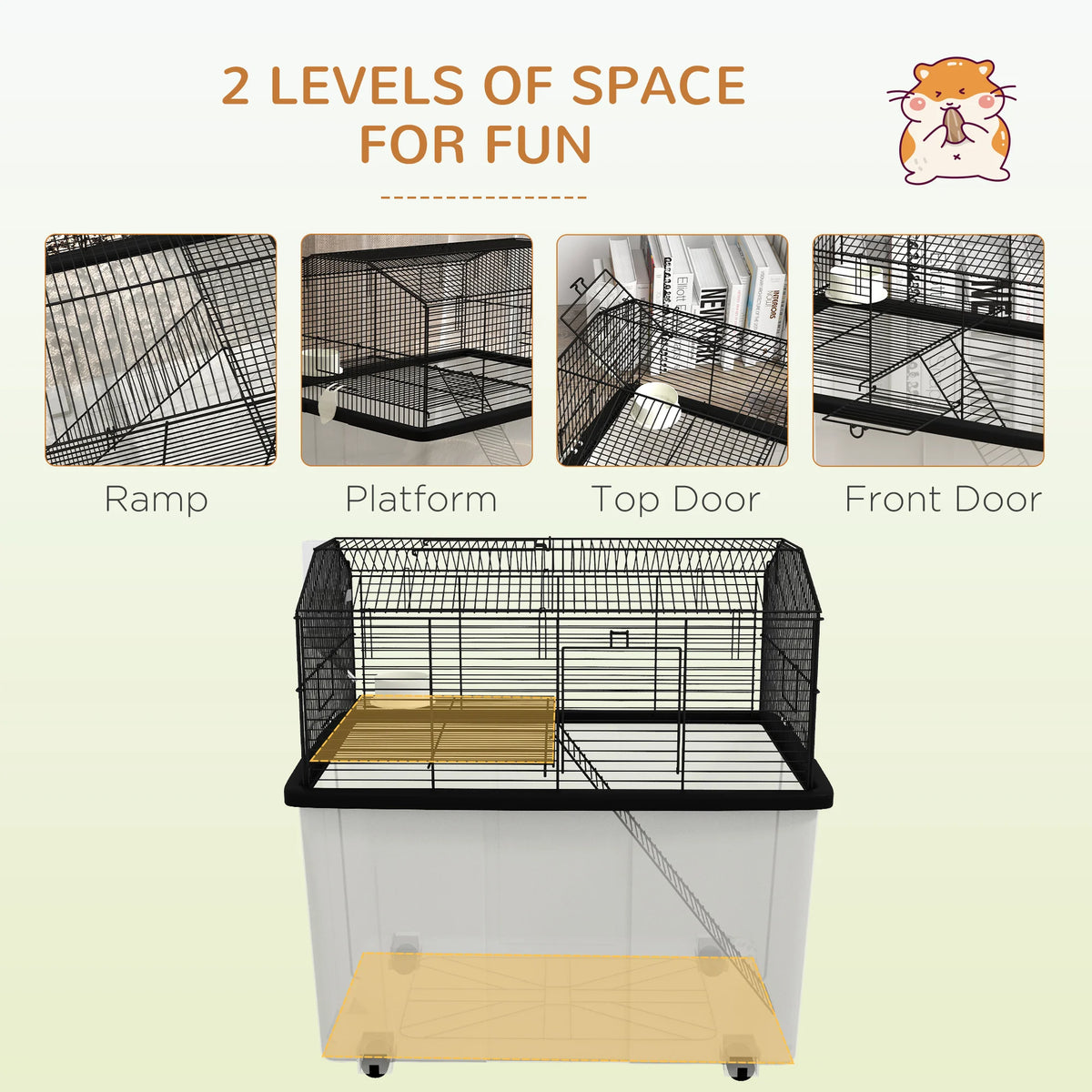 Hamster Cage, Gerbil Cage with Wheels, Deep Bottom, Ramp, Food Dish, Water Bottle, for Dwarf, Syrian - Black