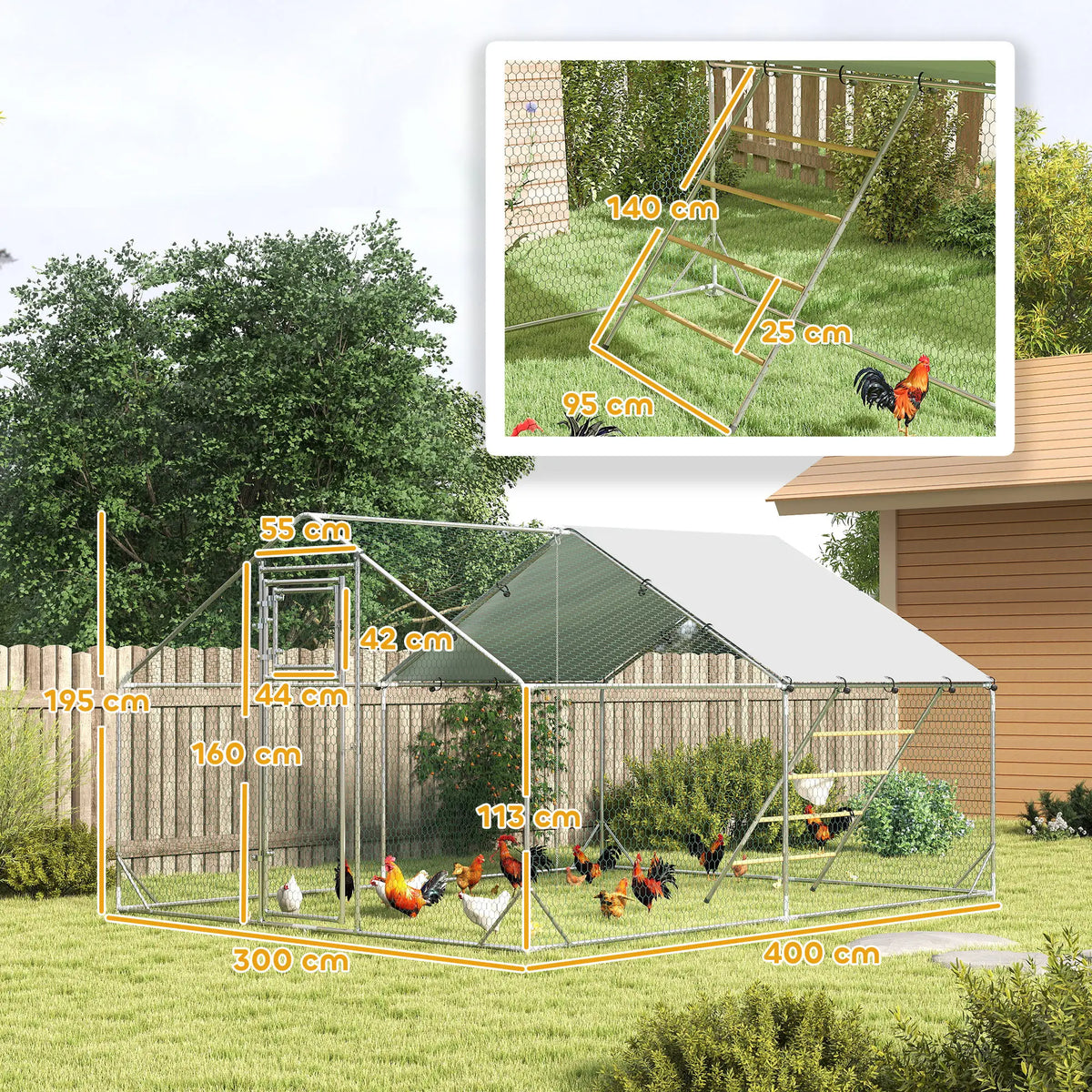 Large Walk-in Chicken Run with Cover, Feeder and Perch, 4 x 3m, for 12–18 Chickens