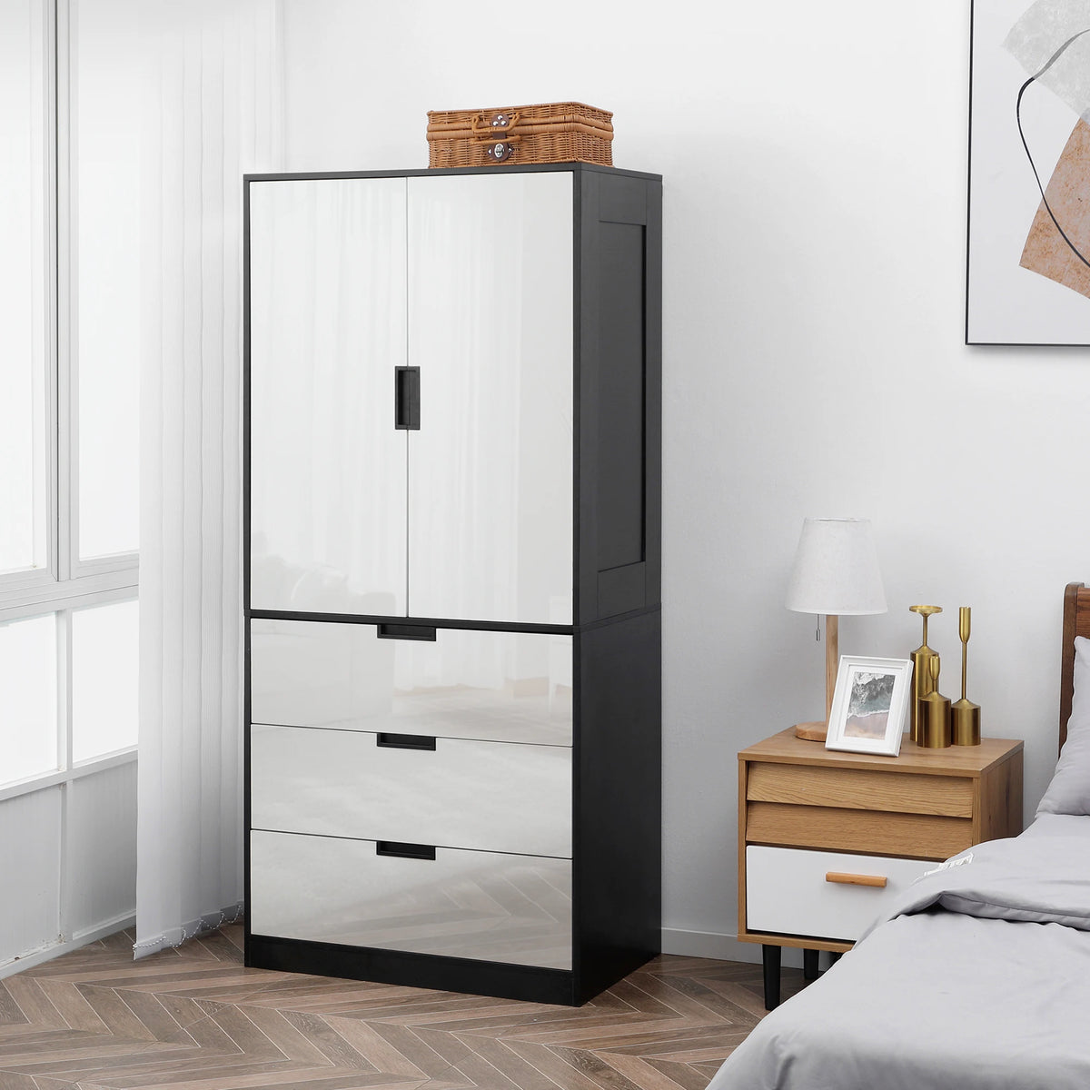 2 Door Wardrobe with 3 Drawers and Hanging Rail, Black and High Gloss White