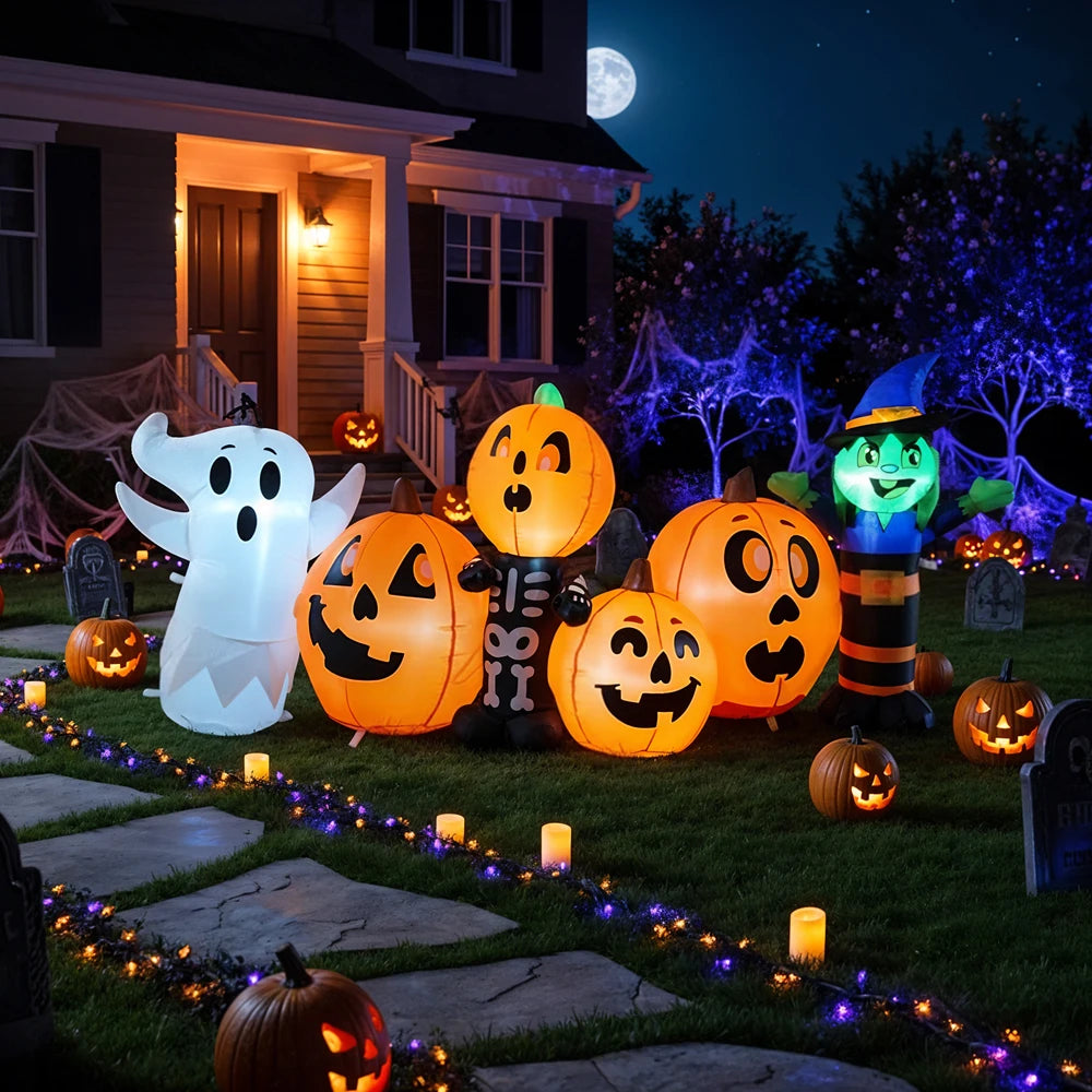 8ft Halloween Inflatable Pumpkin, Witch and Ghost Decoration with LED Lights