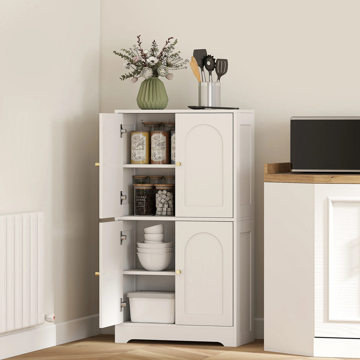110cm Kitchen Cupboard with 4 Arched Doors and Adjustable Shelves, White