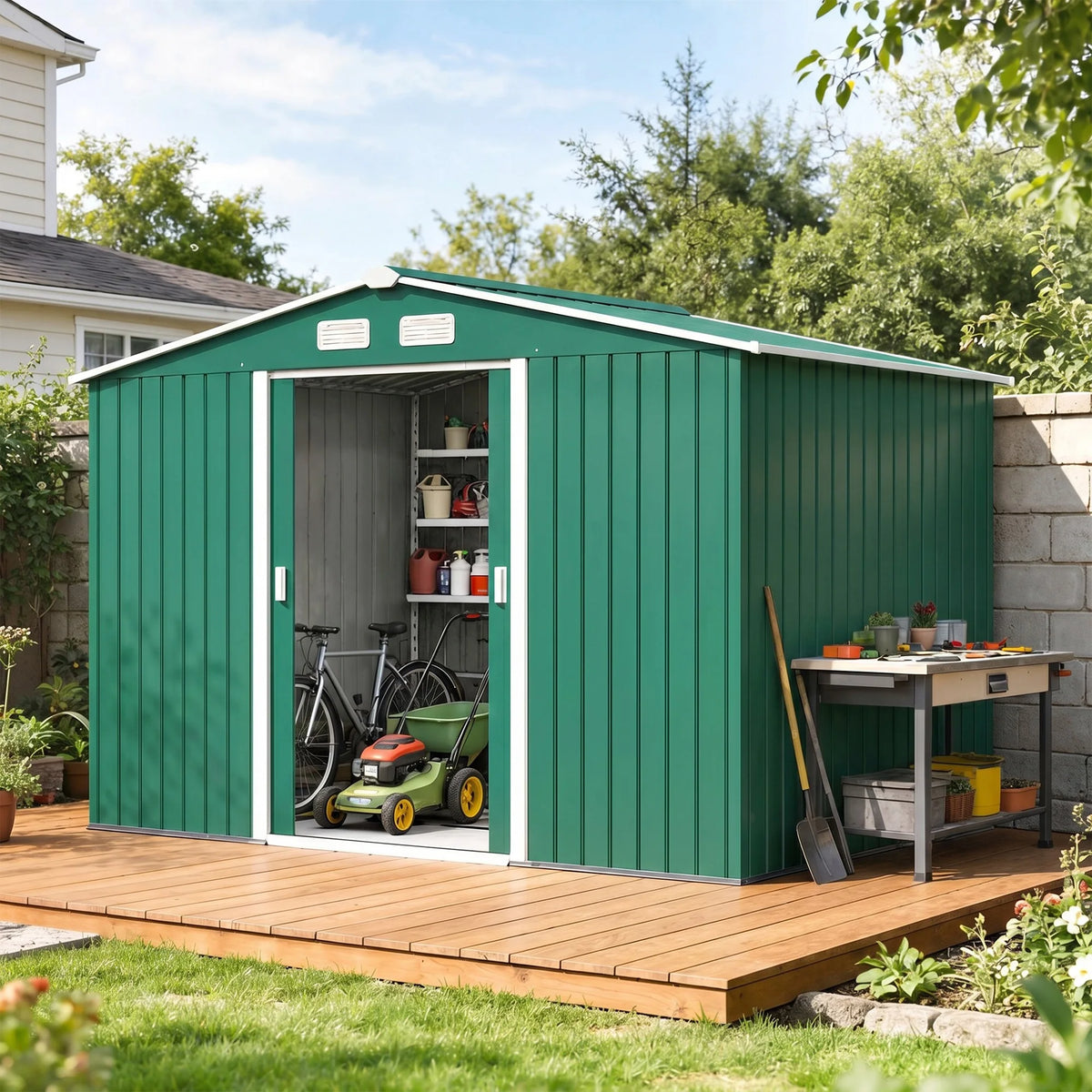 9 x 6ft Metal Garden Shed with Lockable Sliding Doors and Foundation Kit, Green