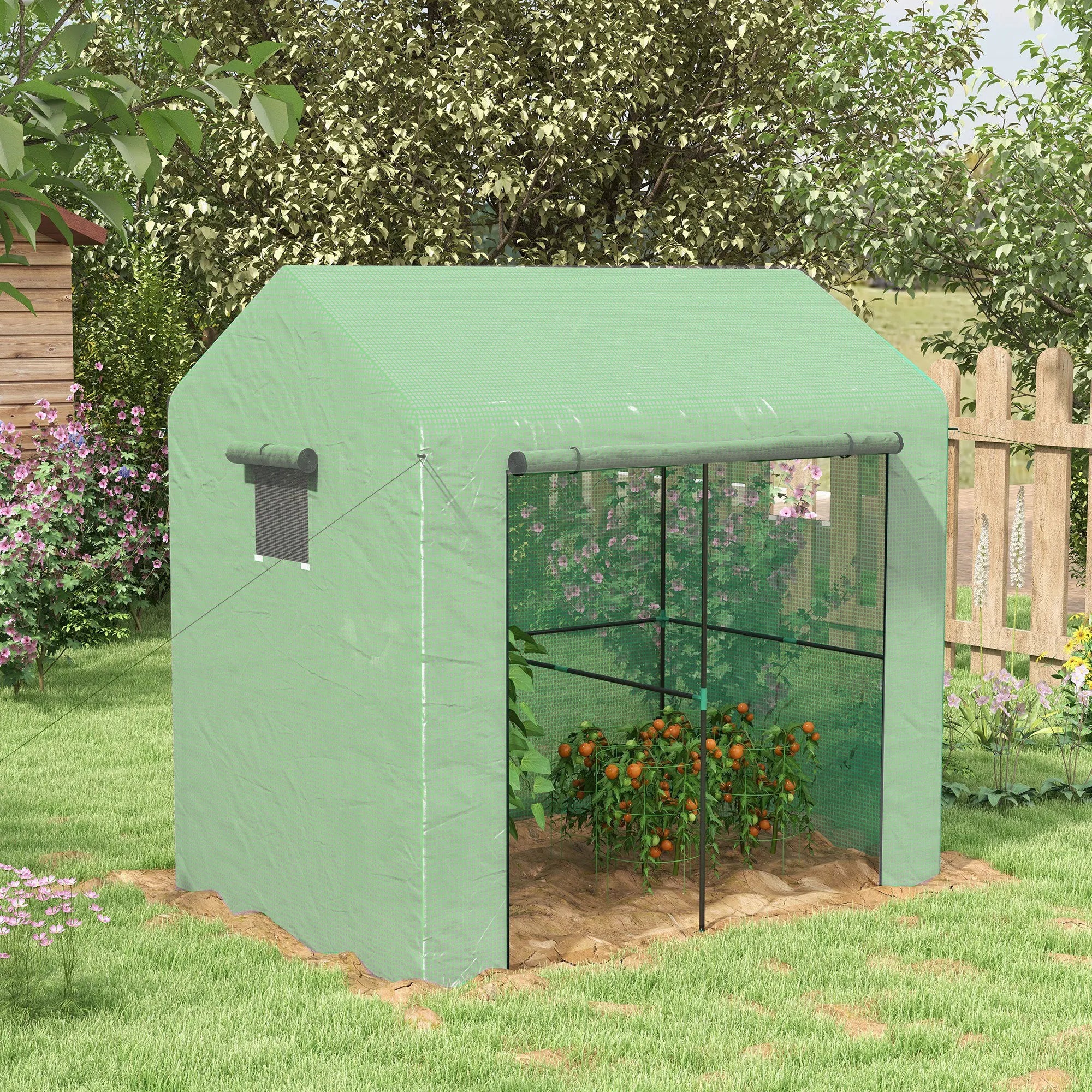 2 x 1.4m Walk-In Greenhouse with Two-Room Design, Mesh Windows and Roll-Up Zipped Door