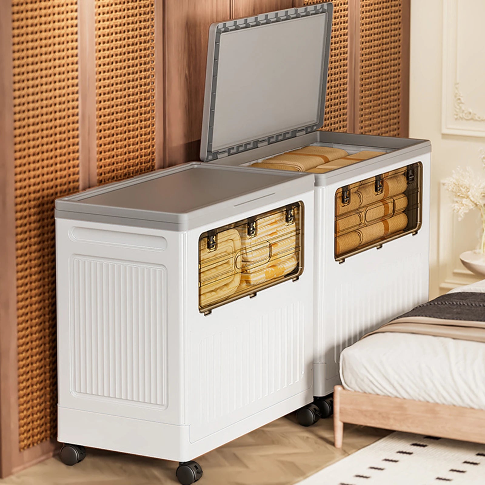 Folding Storage Bin with Lid and Wheels 58x35x61cm Stackable Clothes Organiser Box for Bedroom Closet