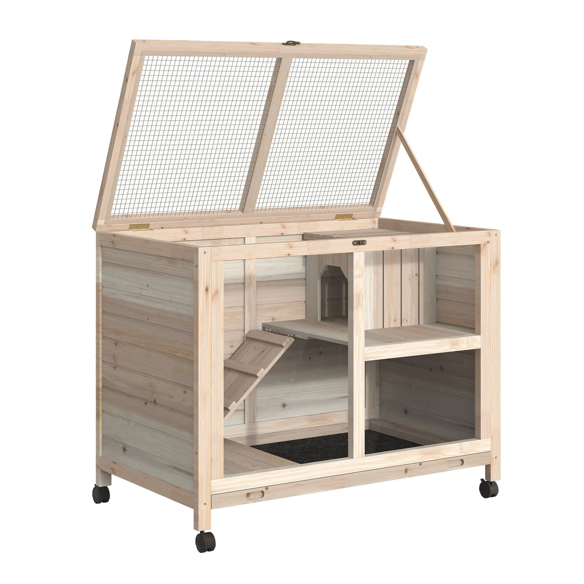 Indoor Wooden Rabbit Hutch 2 Floor Bunny Cage with Ramp Openable Top Latched Door and Wheels