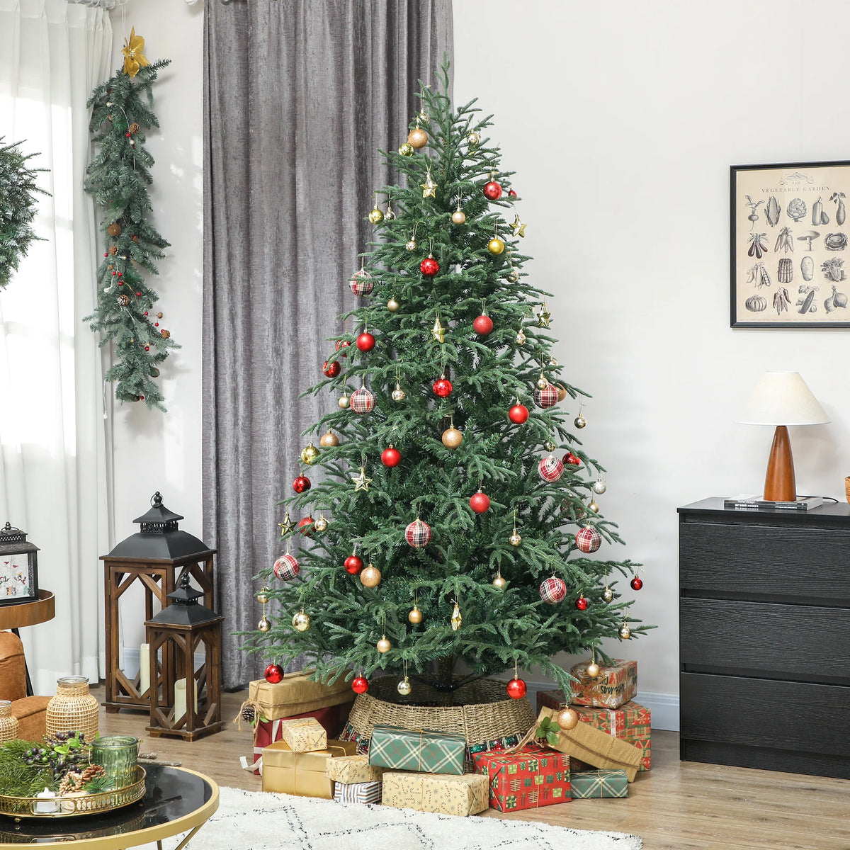 7ft Artificial Spruce Christmas Tree with Hinged Branches and Metal Stand, Green