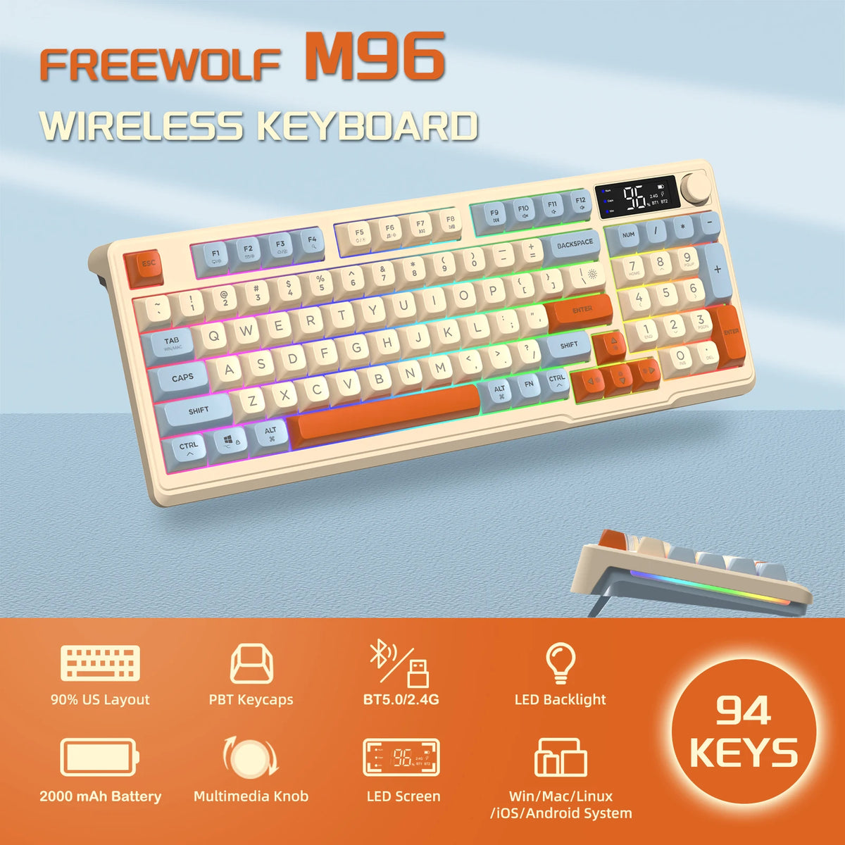 Wireless Gaming Keyboard with Display Screen & Knob – 94 Keys, Bluetooth & 2.4GHz, Quiet Membrane