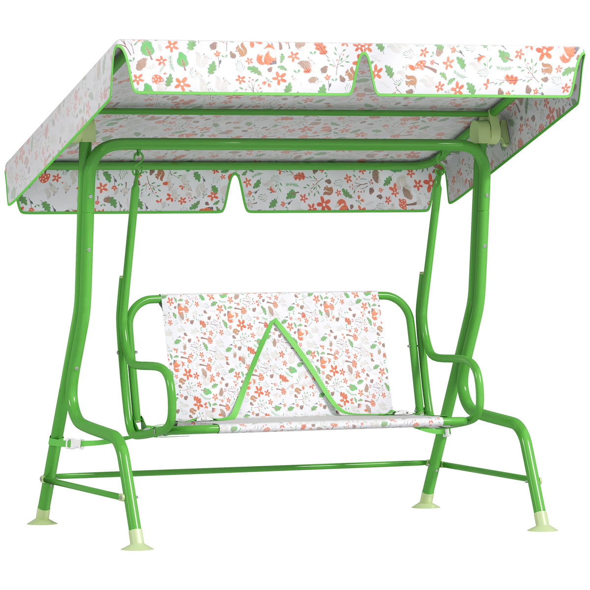 2 Seater Kids Garden Swing Chair with Adjustable Canopy Non Skid Feet Fox Pattern Steel Frame Green