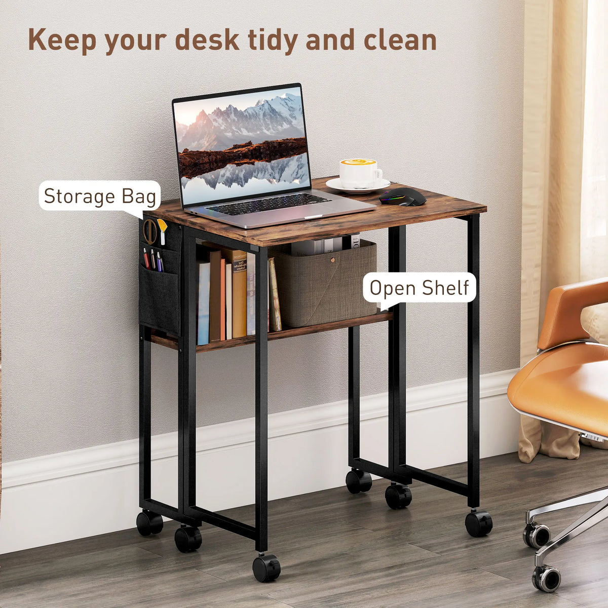 63cm Foldable Computer Desk on Wheels for Small Spaces, Rustic Brown