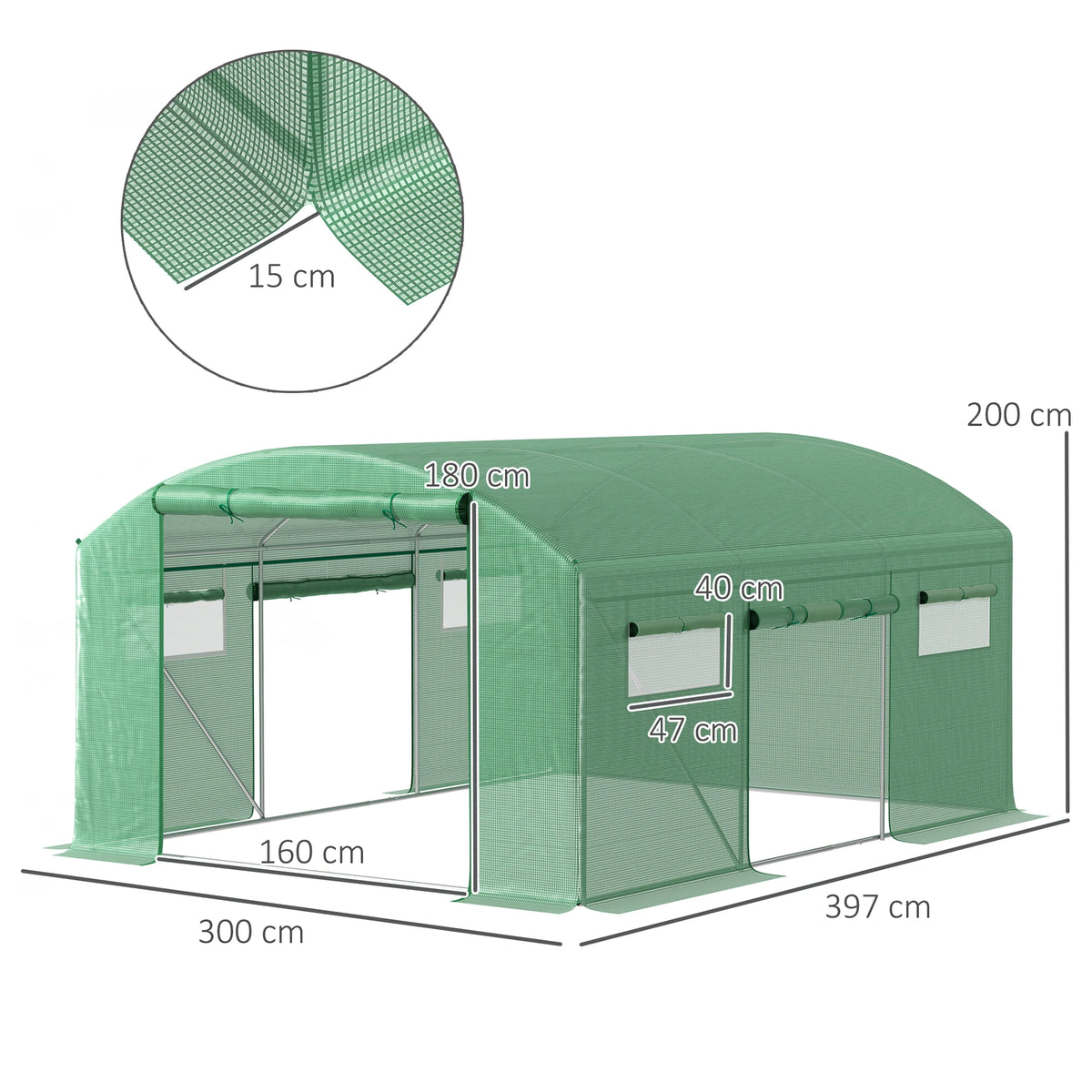 4 x 3 x 2m Polytunnel Greenhouse with 3 Roll-Up Doors and Mesh Windows
