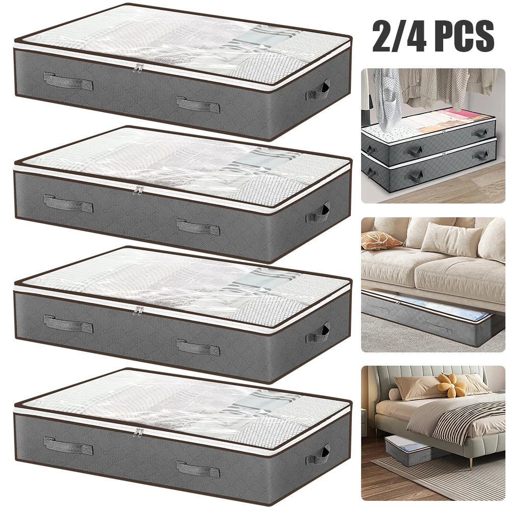 4 or 2 Pack Under Bed Storage Bags 90L Foldable Dustproof Non-Woven with Transparent Lid Handles Zips Grey