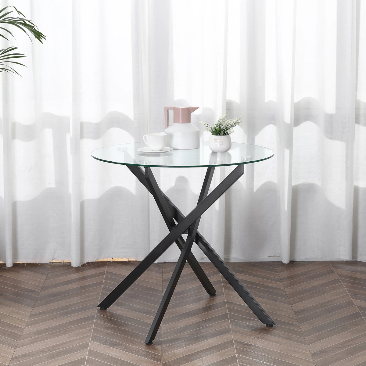 Round Glass Dining Table with Metal Frame, 7mm Tempered Glass Top, 80 x 80 x 75 cm, Black