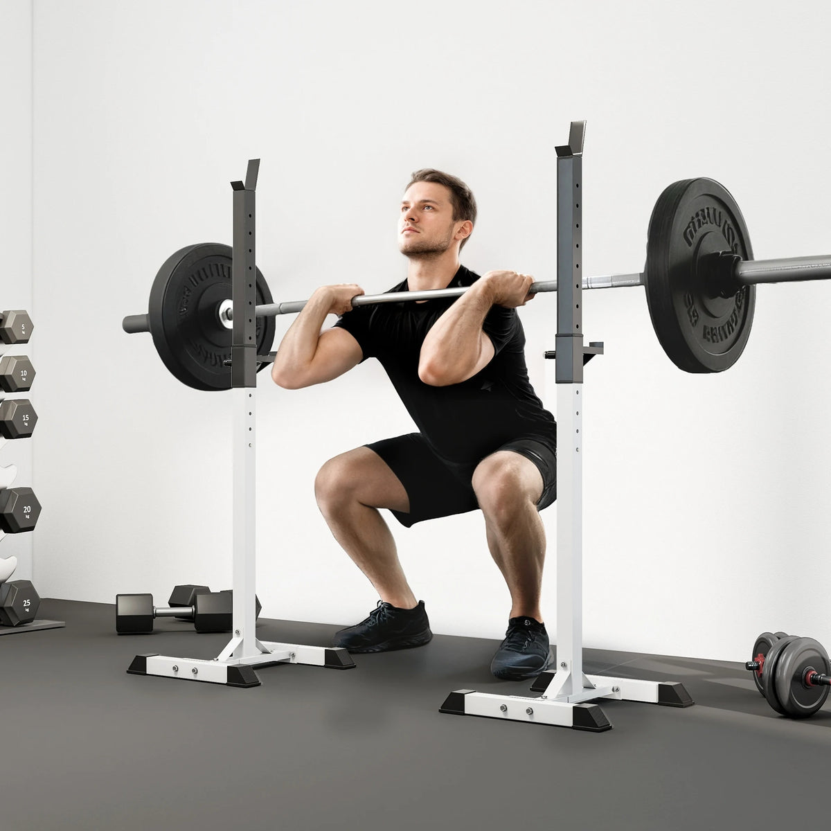 Adjustable Barbell Squat Stands, Pair, 105–160cm, 150kg Max Load, Black