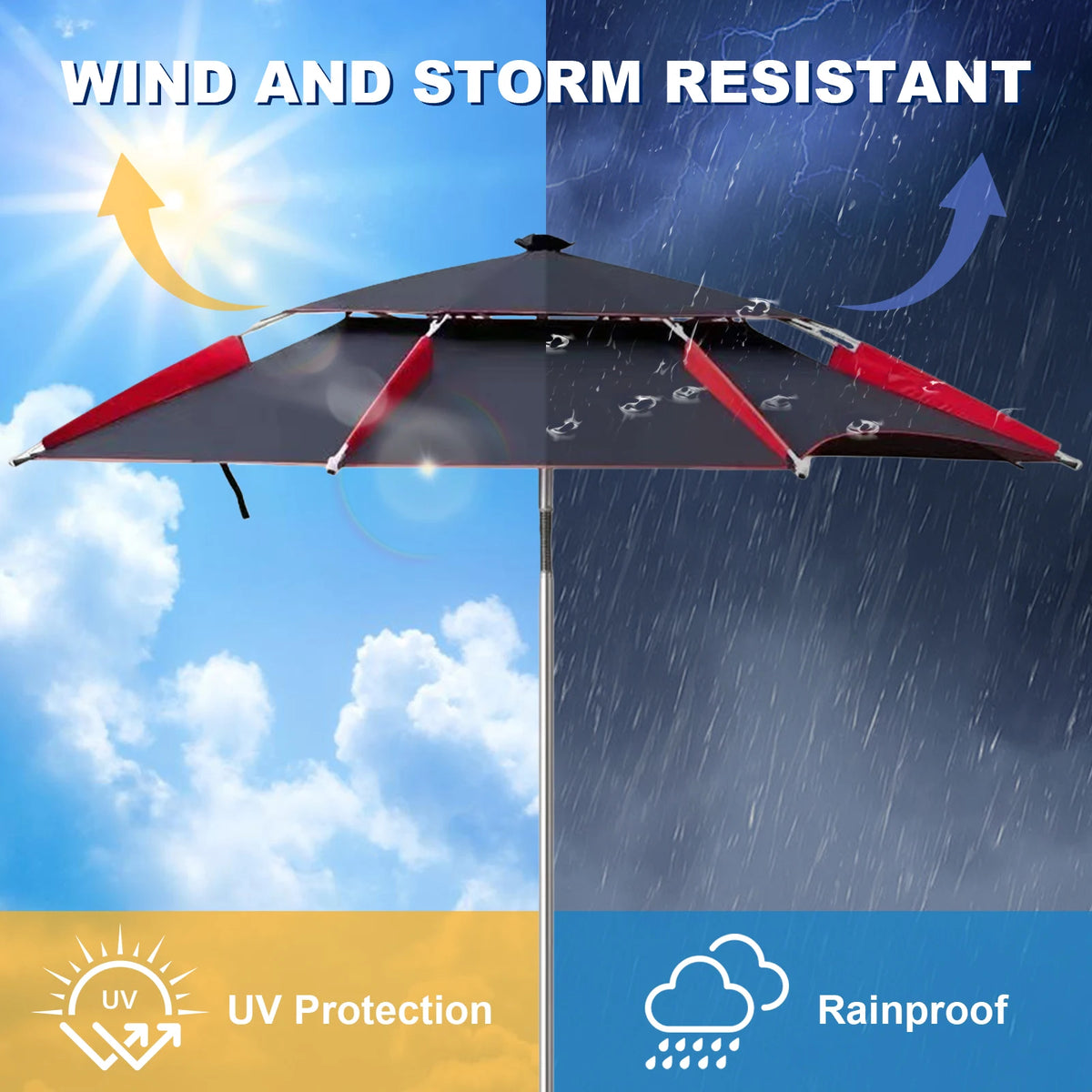 Large Double-Layer Beach and Fishing Umbrella, Portable Garden Parasol, Red