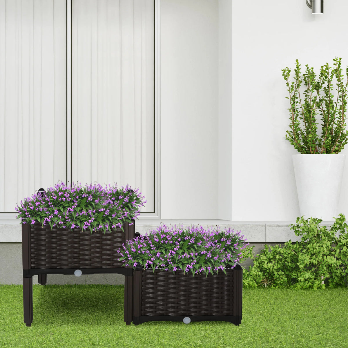 Set of 2 Raised Planters 40x40x44cm Rattan Effect Plastic Plant Stands with Self Watering Discs Brown