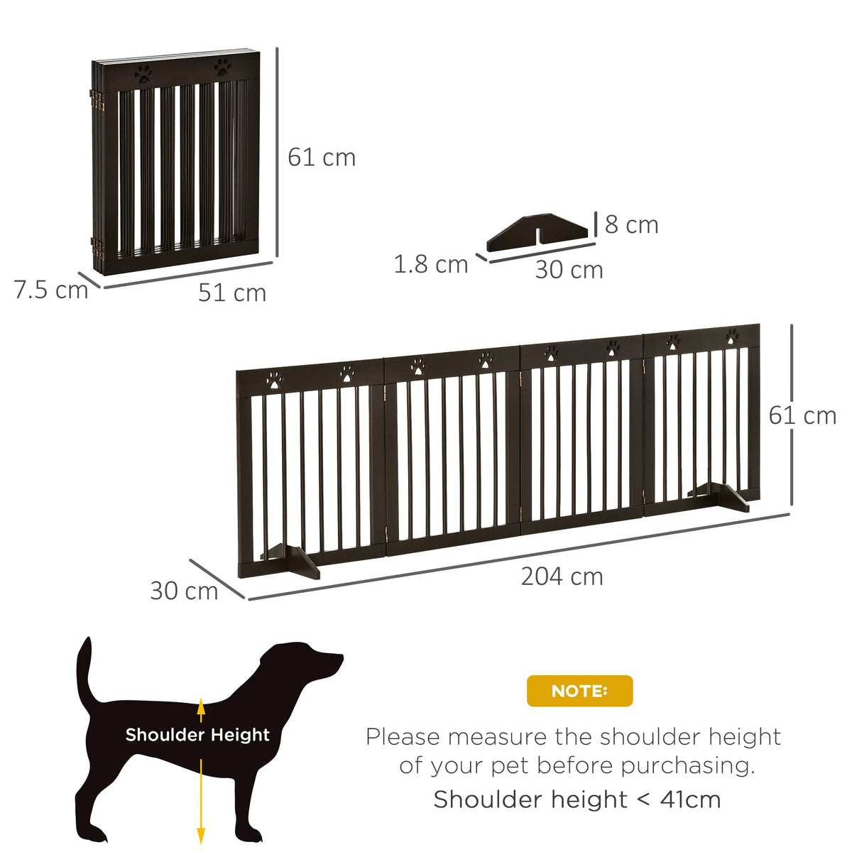 Freestanding Pet Gate 4 Panel Folding Wooden Dog Barrier w/ Support Feet