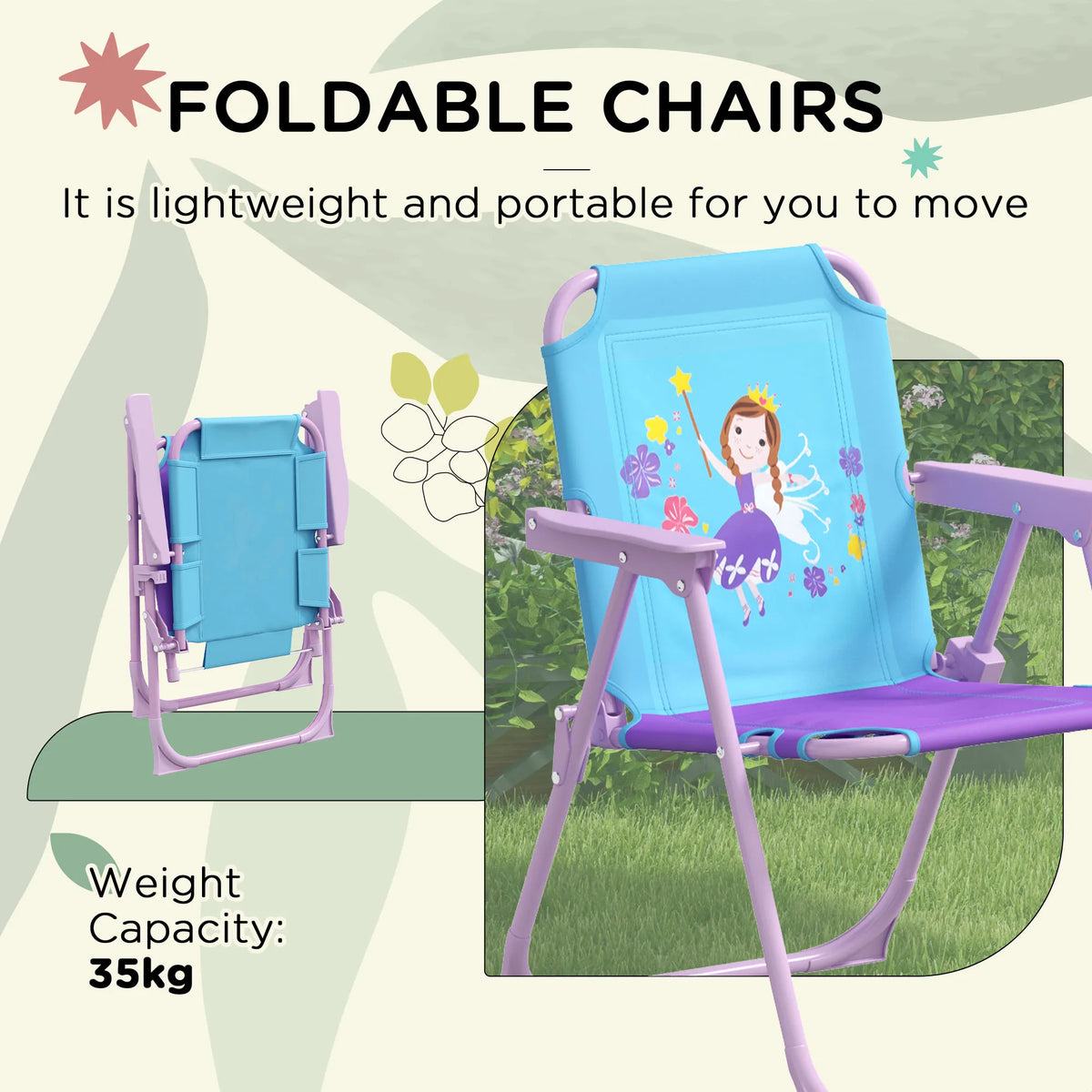Kids Bistro Table and Chair Set Fairy Theme with 86-122cm Adjustable Parasol and Safety Lock Folding Chairs
