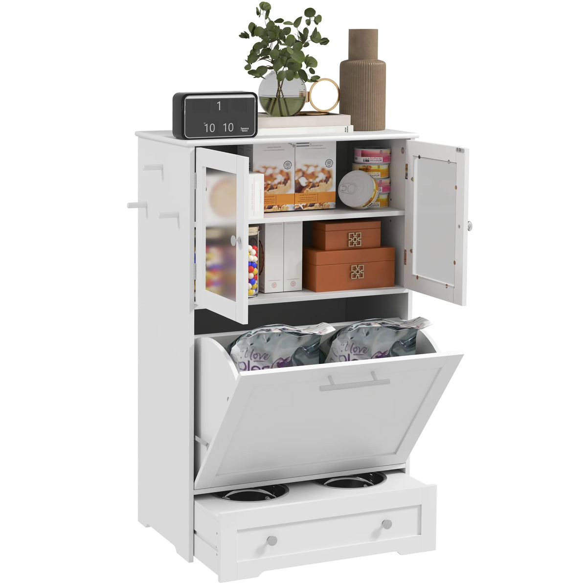 Dog Feeding Station with 2 Cabinets and Retractable Bowl Rack 60x35x100cm MDF Anti Tip White