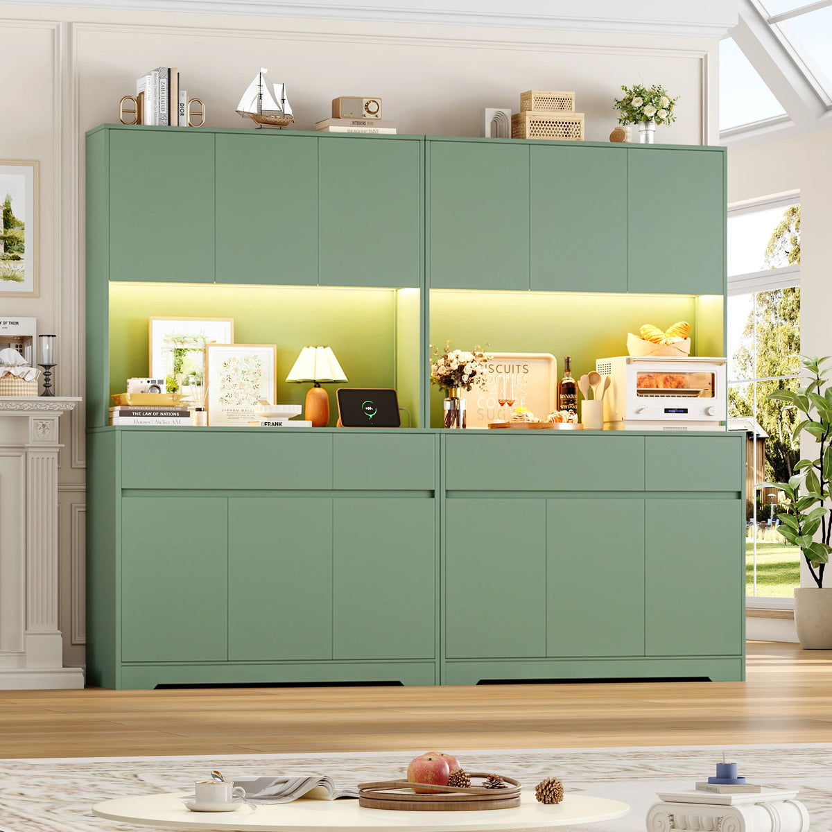 180cm Tall Kitchen Cabinet with LED Lighting and Power Outlet | Sideboard with 6 Doors 2 Drawers and Adjustable Shelves