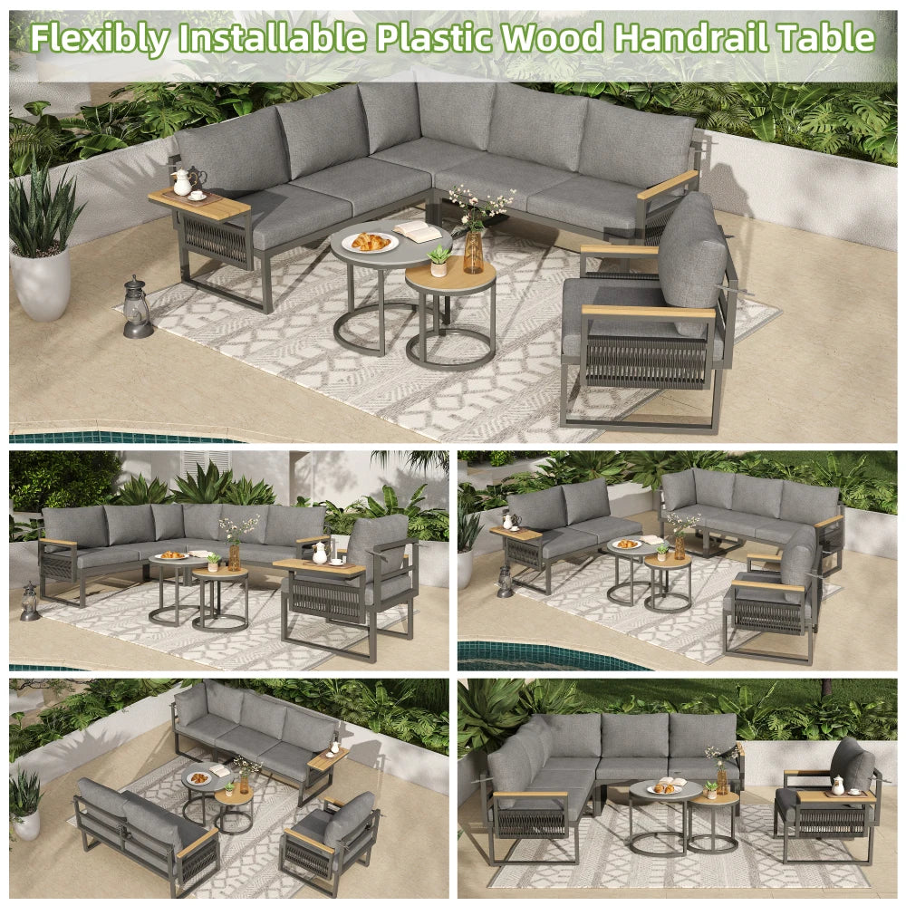 5-6 Seater Garden Corner Sofa Set, Rope Woven Outdoor Sofa with Armchair & 2 Nesting Coffee Tables