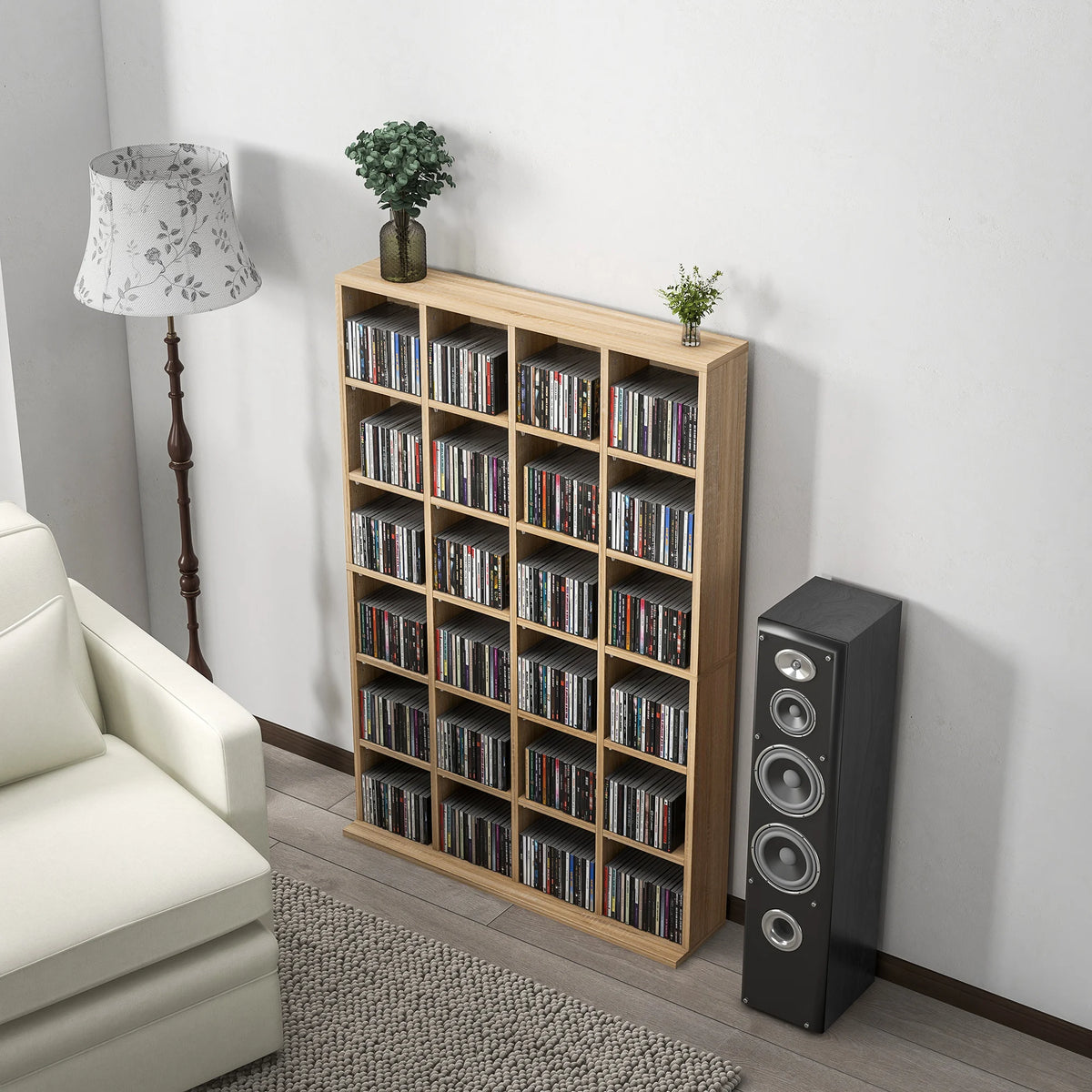 CD and DVD Storage Unit with 24 Cubes and Adjustable Shelves, Holds 456 CDs, Natural