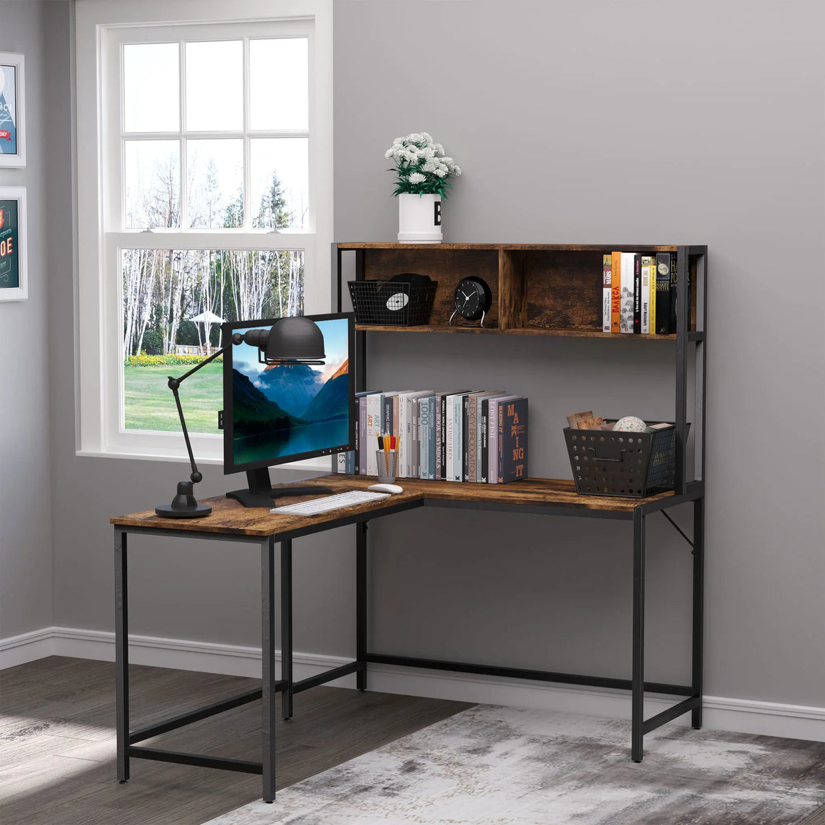Industrial L-Shaped Work Desk with Storage Shelf, Steel Frame, Adjustable Feet