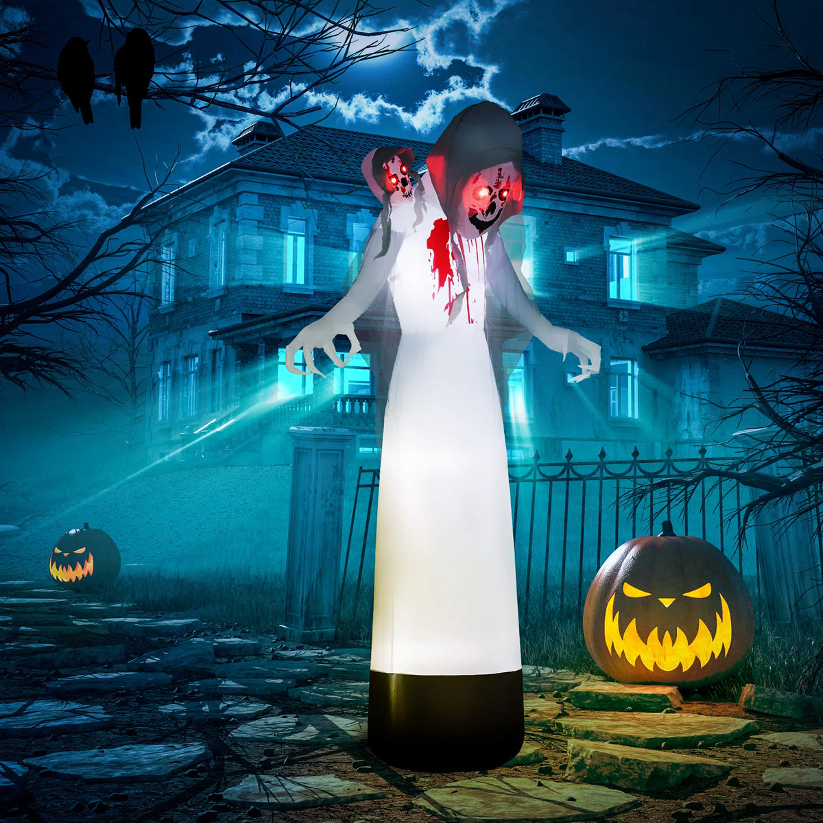 8.9ft Inflatable Halloween Three-Head Witch Ghost with 9 LED Lights