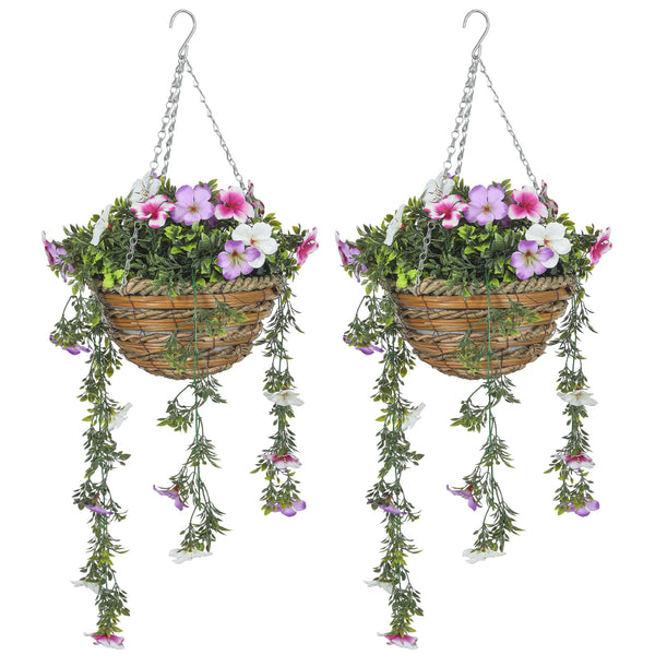 Set of 2 Artificial Azalea Flowers in Hanging Baskets UV Protected PE Faux Plants for Indoor and Outdoor