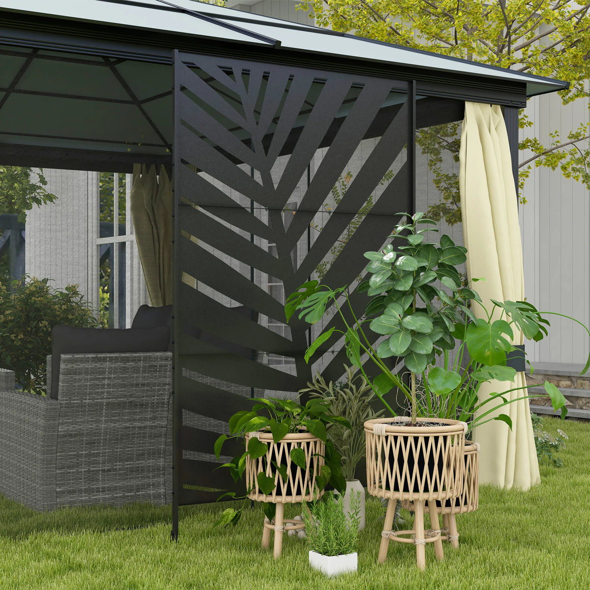 Freestanding Privacy Screen 198x122cm Metal Garden Divider with Banana Leaf Cut Out Design and Feet