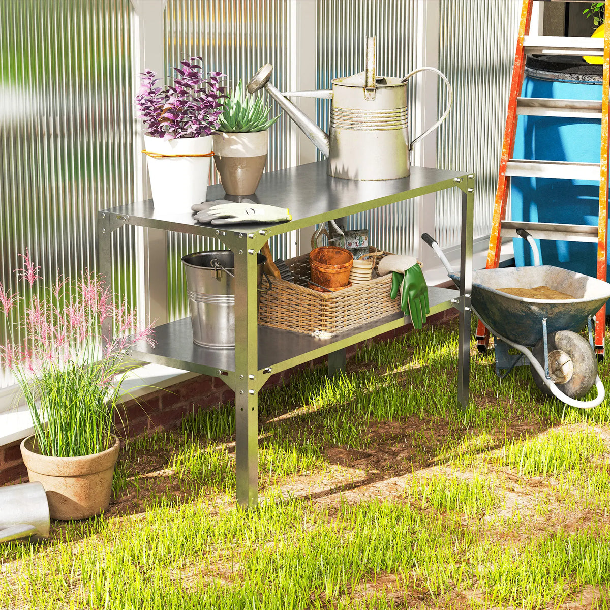 2 Tier Potting Bench Table, Galvanised Steel Planting Work Bench, Silver Tone