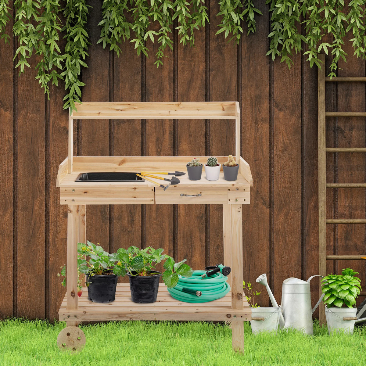 Wooden Garden Potting Bench with Sink, Drawer and Wheels