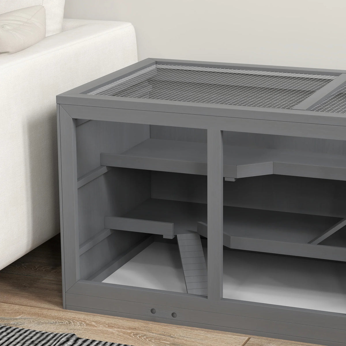 Wooden Two-Level Hamster Cage with Run and Pull-Out Tray, Grey