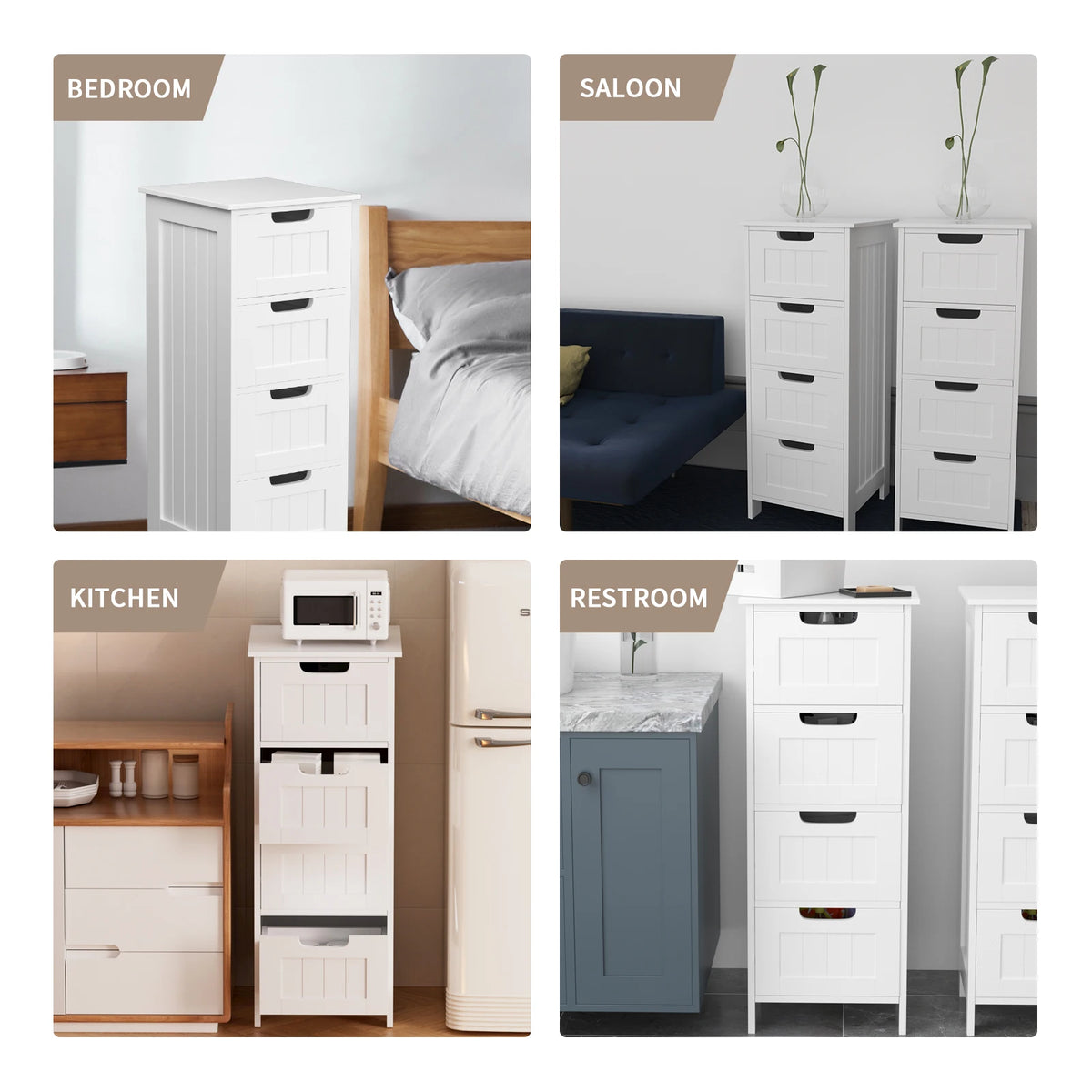 4 Drawer Bathroom Storage Cabinet 30x30x82cm White MDF Freestanding for Bathroom Bedroom Hallway