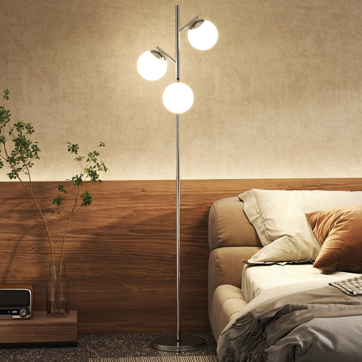 Modern 3-Light Globe Floor Lamp with Frosted Glass Shades and Foot Switch