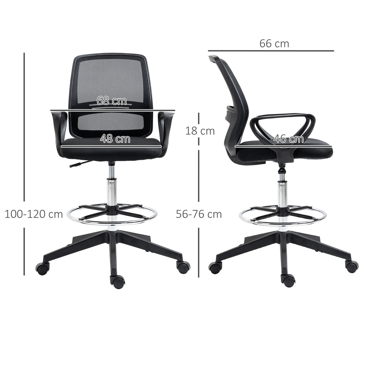 Tall Draughtsman Office Chair, 102.5-126cm Adjustable with Mesh Back and Foot Ring