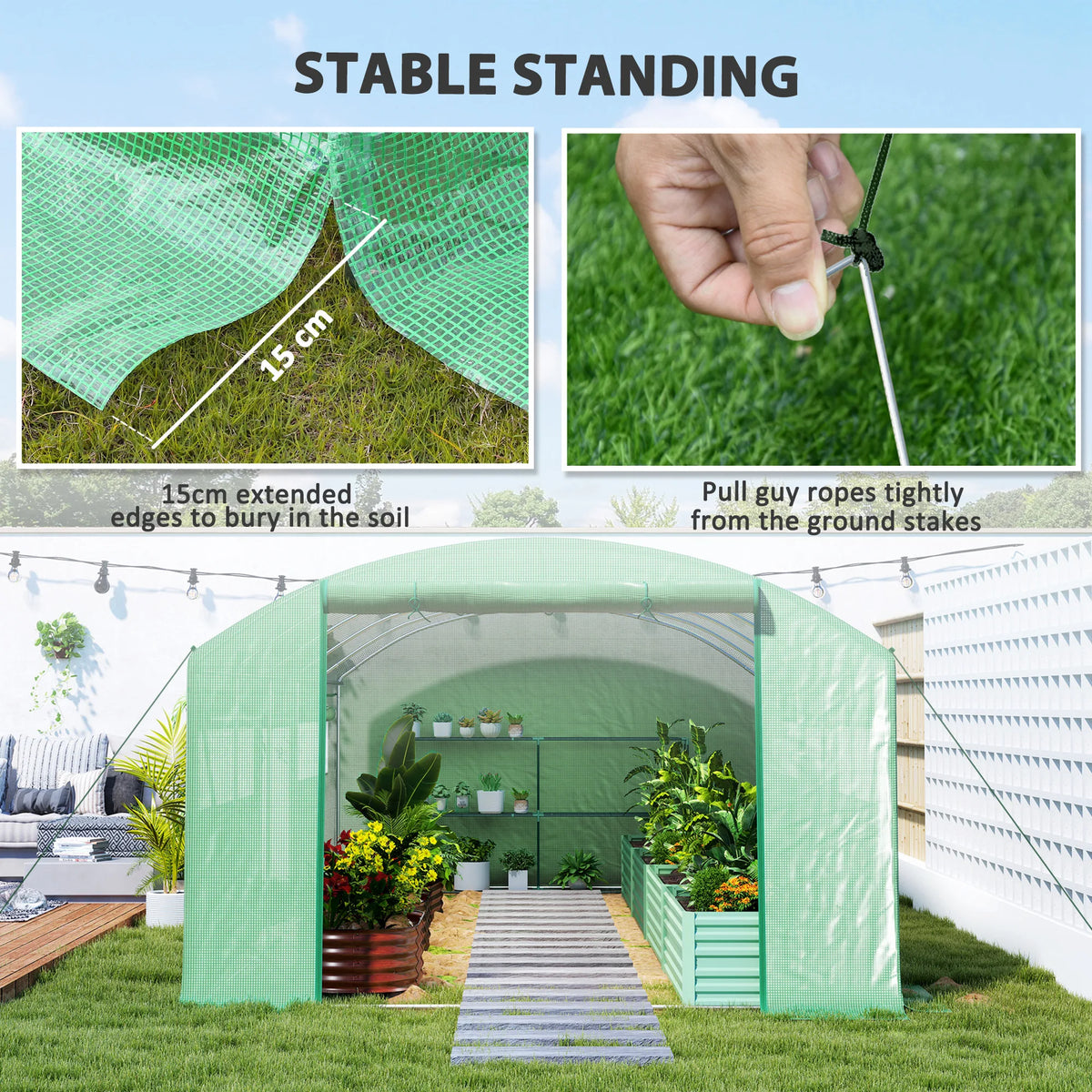 Walk In Polytunnel Greenhouse 6x3x2m with 3 Roll Up Doors 6 Mesh Windows 140gsm Reinforced Grid Cover