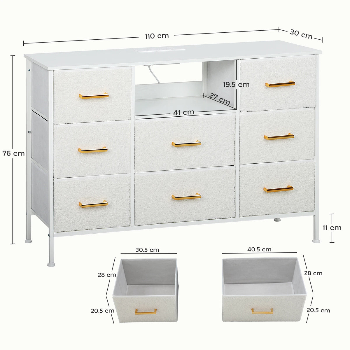 Boucle Chest of Drawers 8 Drawers with 2 Power Outlets USB and USB C Ports 1.5m Cord Gold Handles