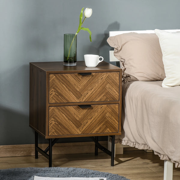 Two-Drawer Herringbone Bedside Table, Bedroom Storage Cabinet, Brown