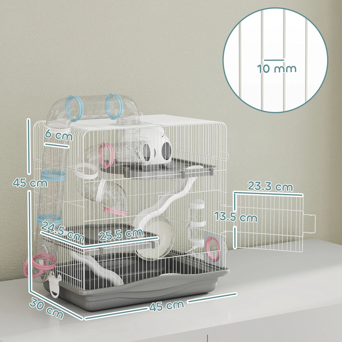 3 Tier Hamster Cage 45x30x45cm with 14 Tubes Exercise Wheel and 9cm Deep Base for Dwarf Hamsters Grey