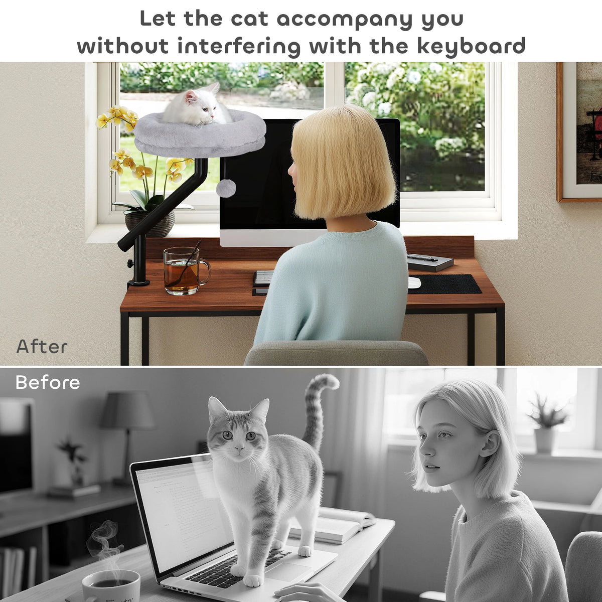 Cat Bed for Desk 360° Rotatable Clamp On Cat Hammock 35x35x48cm Plush Washable with Teaser Ball Grey